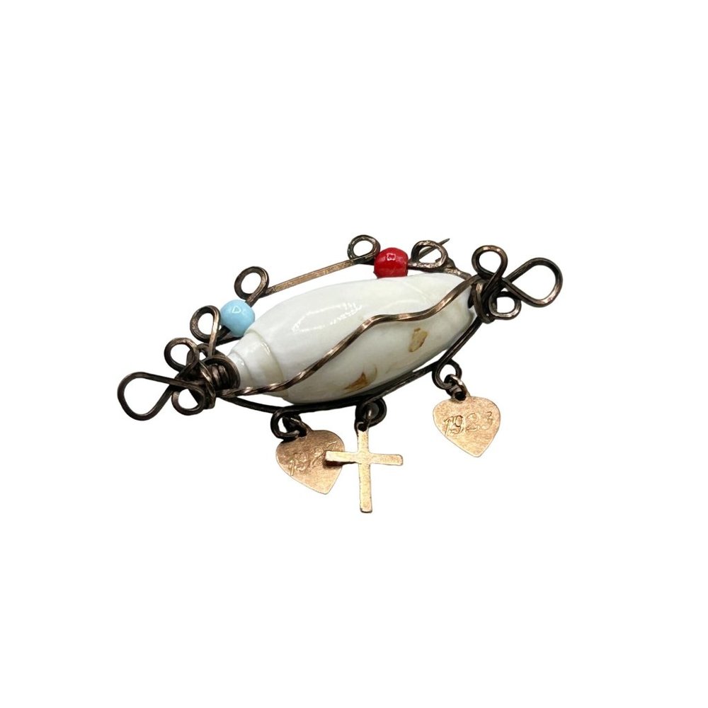 Antique 1923 Wire Wrapped Shell Pin Brooch Love Faith Charm Dangles Handcrafted